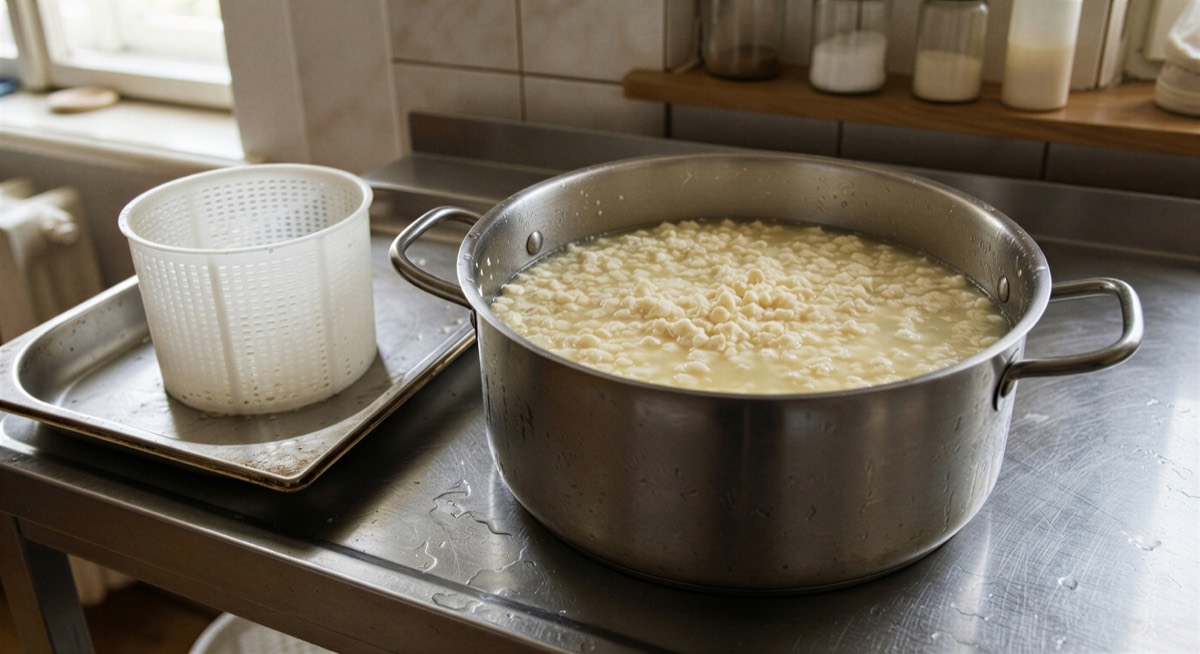 Sýrové zrno v&nbsp;syrovátce vedle připravené sýrařské formy